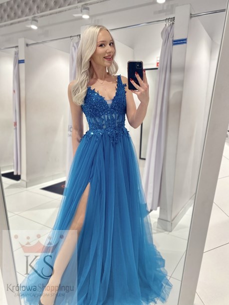 Sukienka długa tiulowa gorset koronka turkus