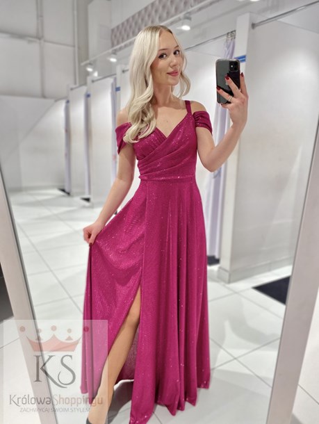 Sukienka długa opadające ramiona brokat fuksja
