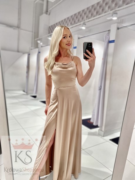 Sukienka długa satynowa wiązanie szyja złoto