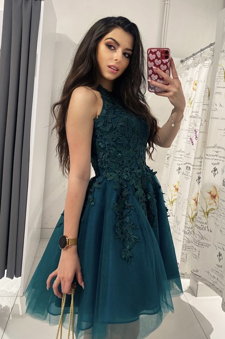 Sukienka krótka tiul koronka wiązanie szyja zieleń