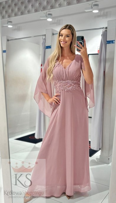 Sukienka długa rękawek motyl brudny róż