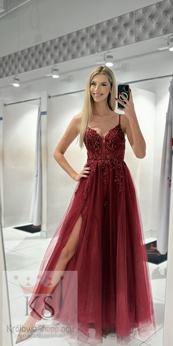 Sukienka długa tiul brokat gorset haft bordo