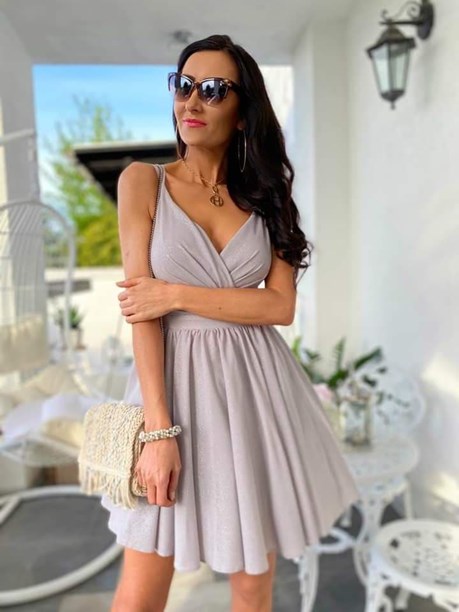 Sukienka krótka na ramiączkach brokat szary