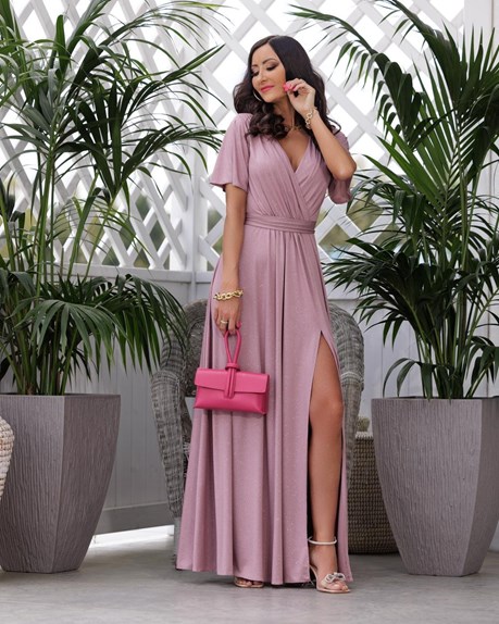 Sukienka długa rękawki brokat róż