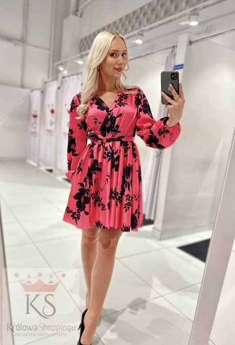 Sukienka krótka koszulowa rękaw kwiaty czerń