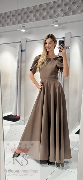 Sukienka długa 3/4 rękawek wiązanie plecy kawa