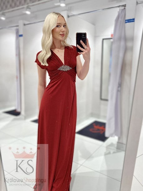 Sukienka długa marszczenie z klamrą brokat bordo