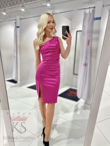 Sukienka krótka na jedno ramię fuksja