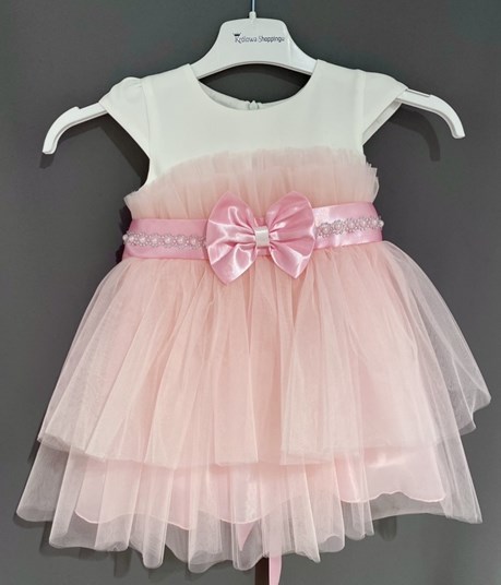 Sukienka dziecięca tiul kokardka perełki róż