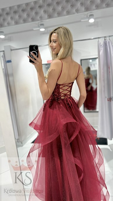 Sukienka długa falbanka cekiny gorset bordo