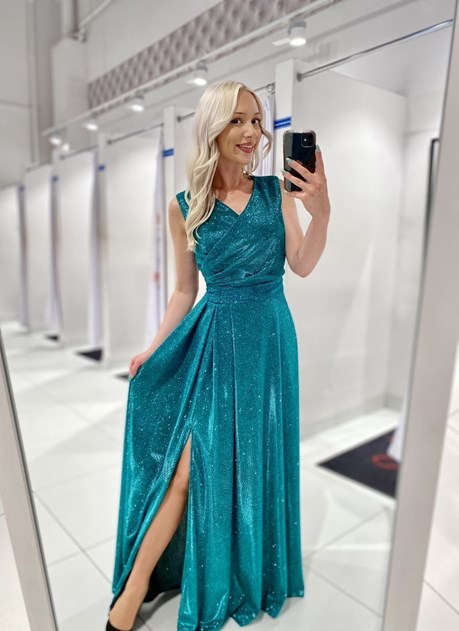 Sukienka długa marszczenia dekolt brokat turkus