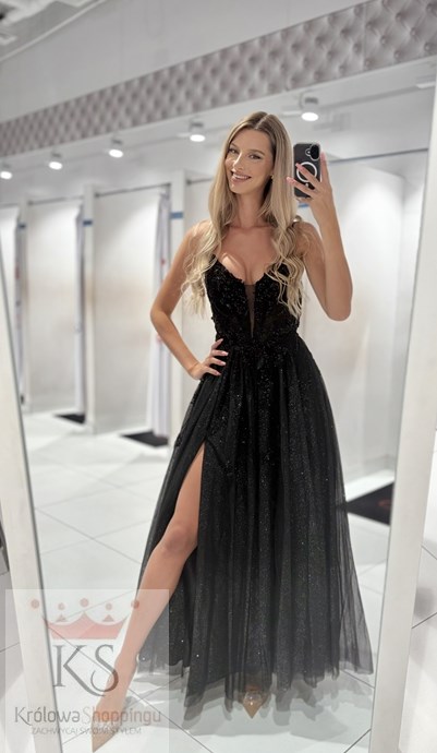 Sukienka długa gorset kwiaty haft brokat czerń