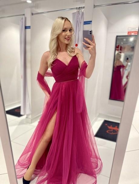 Sukienka długa tiulowa gorset ramiączka fuksja