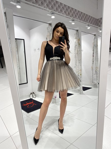 Sukienka krótka ramiączka tiul góra czarny/beż