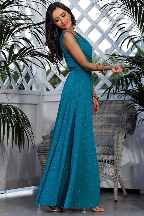 Sukienka długa grube ramiączka brokat turkus