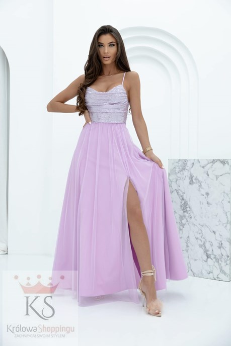 Sukienka długa ramiączka błysk gorset tiul lila