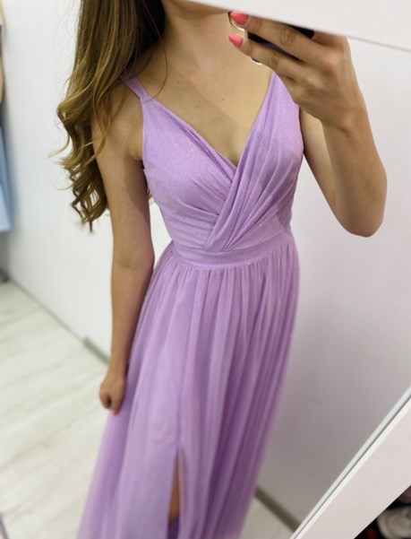 Sukienka długa ramiączka tiul pas brokat fiolet