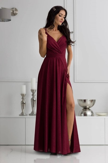 Sukienka długa na ramiączkach brokat bordo