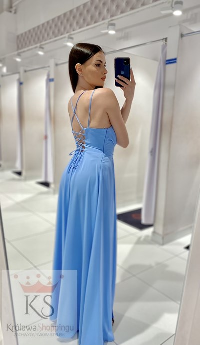 Sukienka długa wiązanie plecy gładka błękit