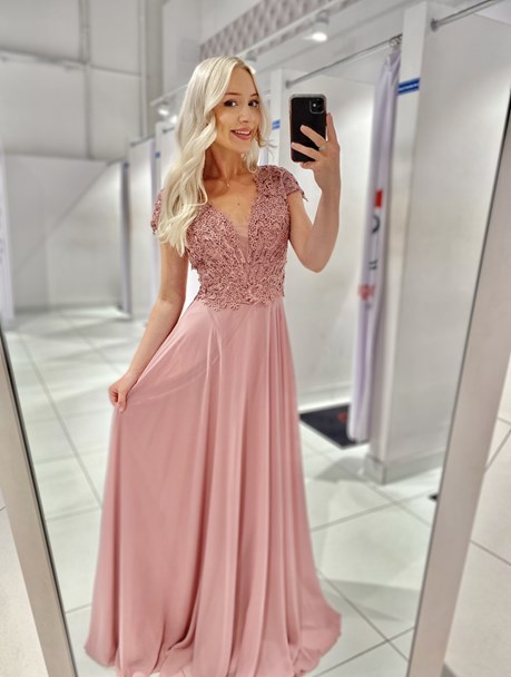 Sukienka długa góra koronka cekiny brudny róż