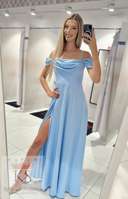 Sukienka długa opadający rękaw połysk błękit