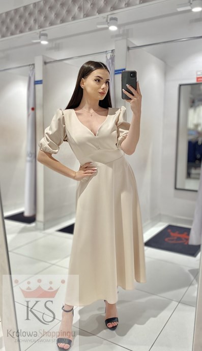 Sukienka midi rękawek 3/4 pas wiązanie beż