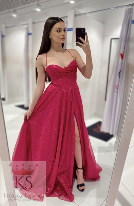 Sukienka długa gorset wiązanie plecy brokat fuksja