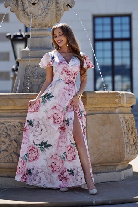 Sukienka długa rękawki dekolt kwiaty morela