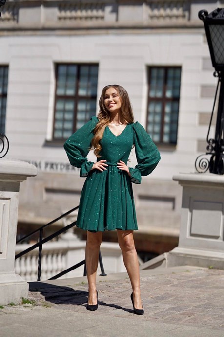 Sukienka krótka rękaw brokat zieleń