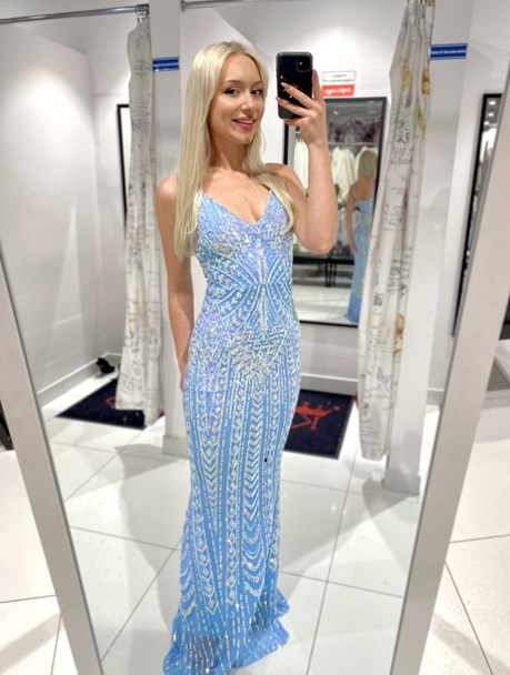 Sukienka długa ramiączka plecy cekin holo błękit