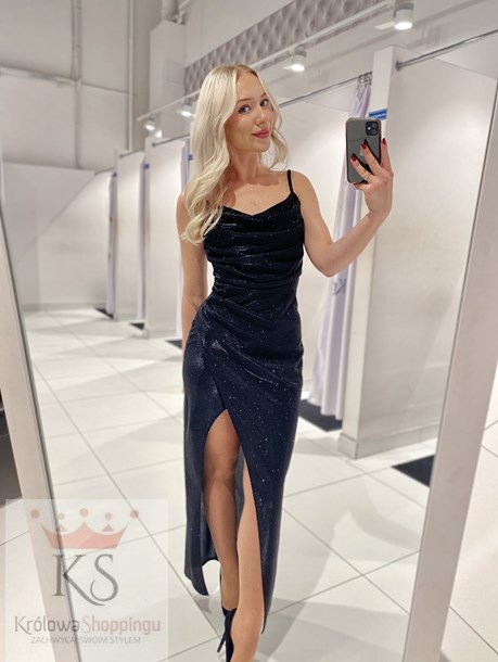 Sukienka długa ramiączka dopasowana brokat czerń