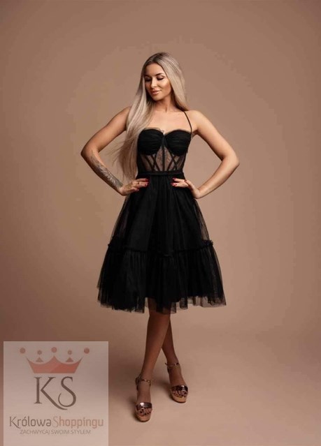 Sukienka midi ramiączka gorset tiul czerń