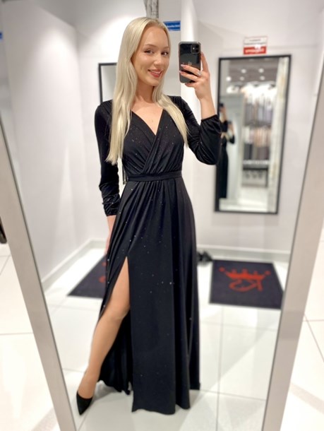 Sukienka długa brokat na długi rękaw czerń