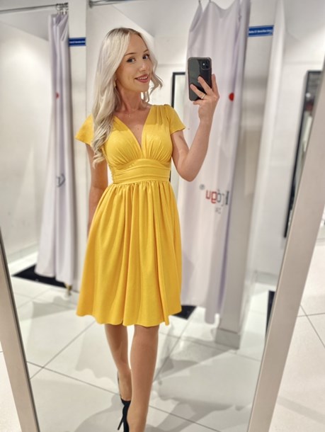 Sukienka krótka wysoki stan brokat żółta