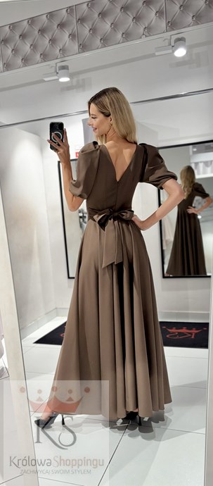 Sukienka długa 3/4 rękawek wiązanie plecy kawa