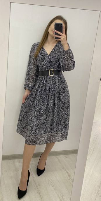 Sukienka midi rękaw pasek zwiewna panterka szary