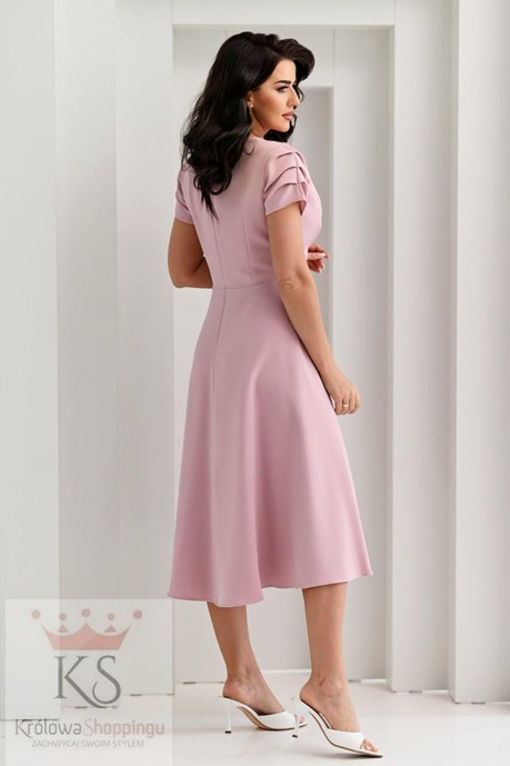 Sukienka midi marszczony rękawek puder róż