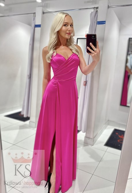 Sukienka długa ramiączka rozkloszowana malina