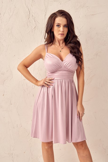 Sukienka krótka ramiączka pas połysk róż