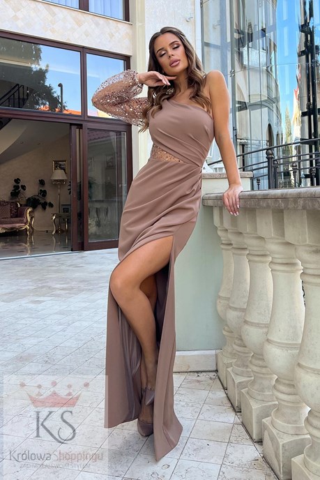 Sukienka długa asymetryczny rękaw cappuccino