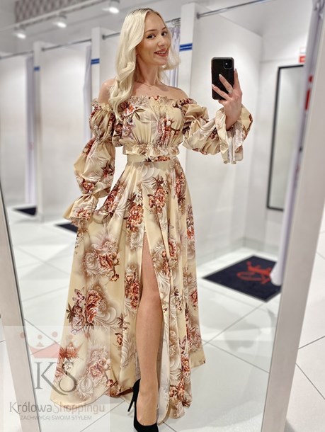Sukienka długa hiszpanka rękaw kwiaty beż
