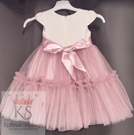 Sukienka dziecięca ozdobny paseczek biel/róż