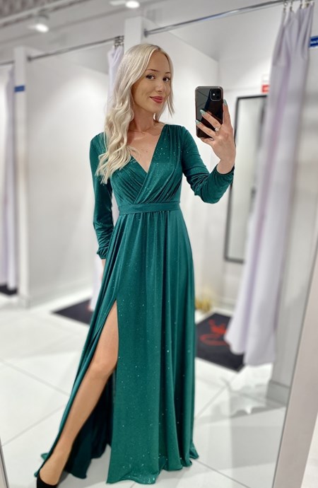 Sukienka długa brokat na długi rękaw zieleń