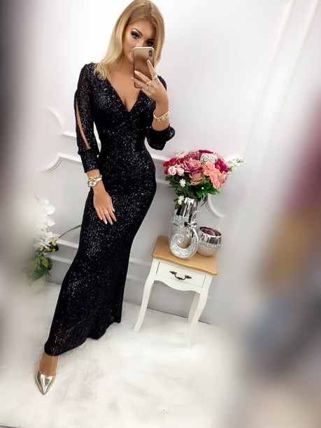 Sukienka długa cekiny rękawek czarny