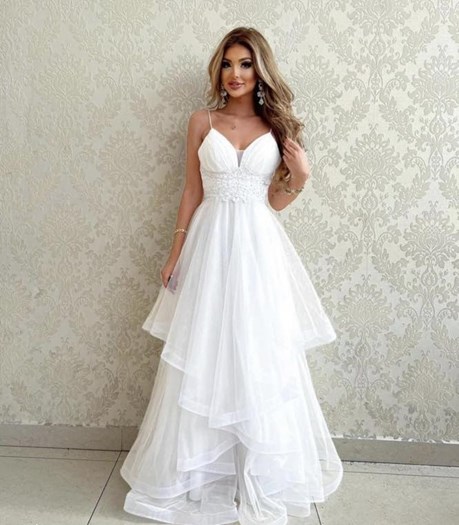 Sukienka długa balowa falbany koronka biel