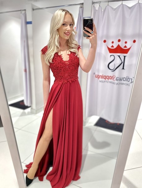 Sukienka długa zdobiona góra haft bordo