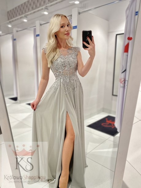 Sukienka długa koronka odkryte plecy szary