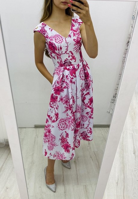 Sukienka midi rozkloszowana kwiaty wzór róż/biel