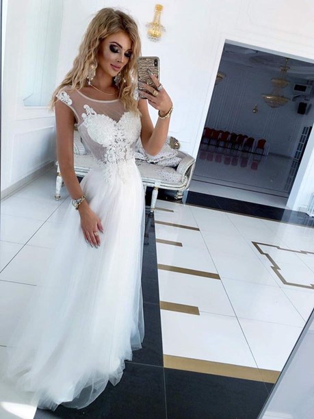 Sukienka długa tiulowa koronka góra biel