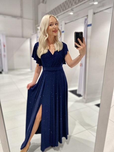 Sukienka długa rękawek pasek brokat granat